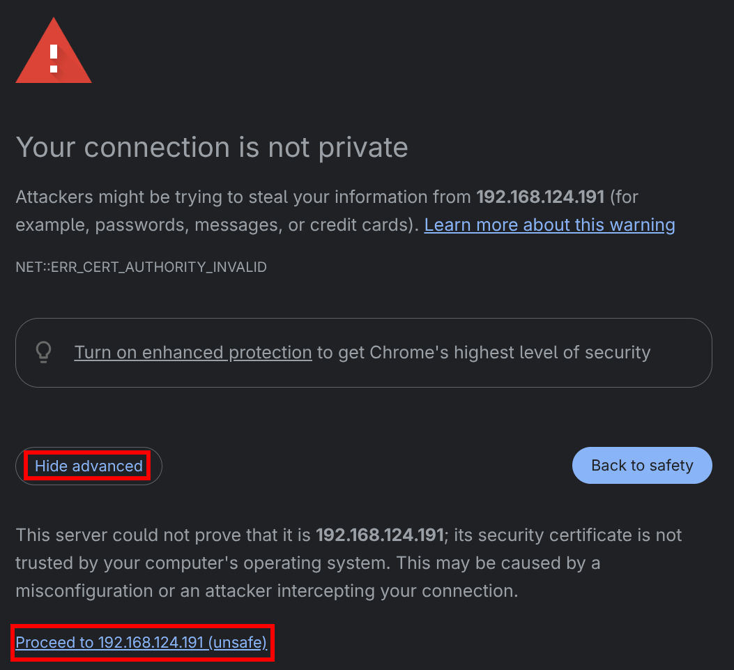 Ignore certificate warning