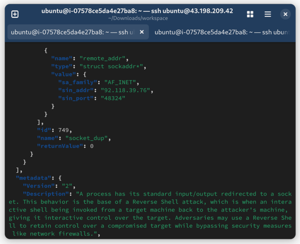 Tracee JSON event of the reverse shell attack