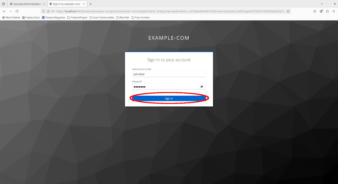 Keycloak example-com realm login portal